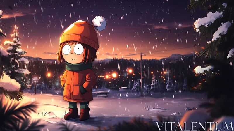 Wide-eyed child in orange coat wandering through snow dusk.