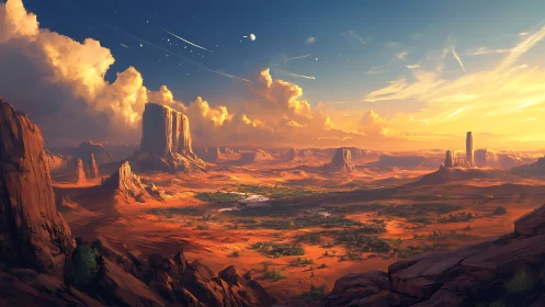 Sunlit desert mesa plain extends beneath stratified cloud field