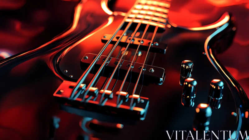 Closeup electric bass guitar with red bokeh studio lighting