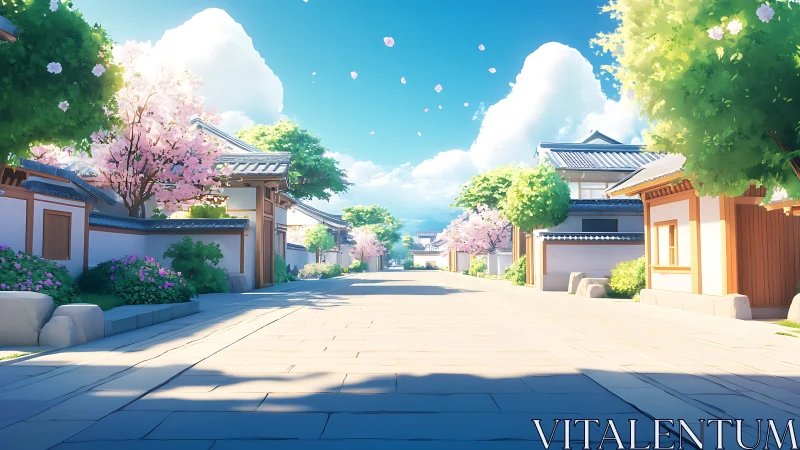 Sunlit sakura-lined Japanese street in stylized rendering.