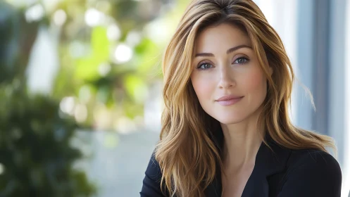 Confident woman with blonde hair in natural light portrait.