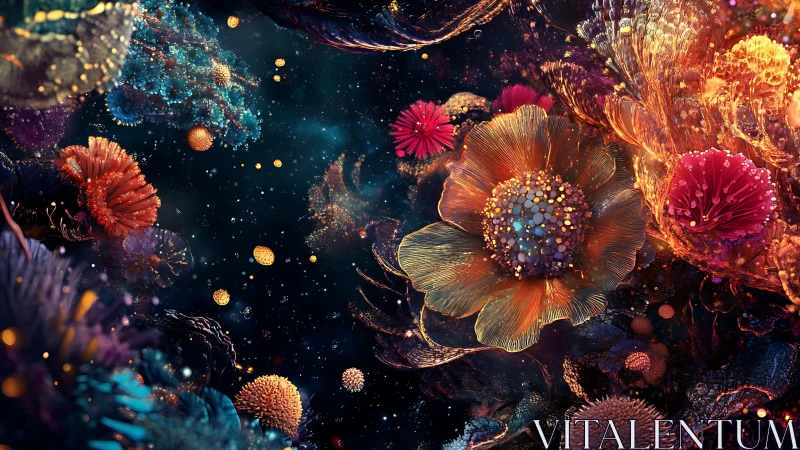 Floral nebula forms float in a dense, luminous cosmic field