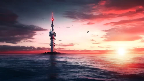 Offshore communication tower under red ocean sunset sky.