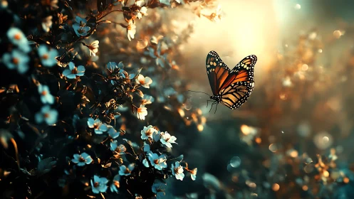 Monarch butterfly drifts through glowing dusk wildflowers