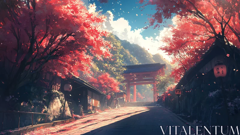 Autumn shrine path under red maple trees at sunrise.