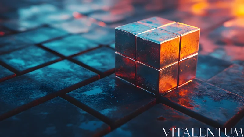 Metallic cube on glowing grid of reflective tiles.