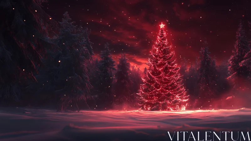 Glowing red Christmas tree illuminating snowy forest night.