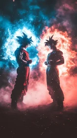 Fiery rivals stand in glowing blue and red battlefield light.