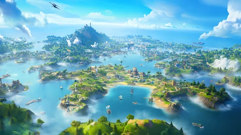 Archipelago Fantasy: Layered Isometric Landscape with Mythic Summit.