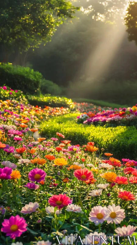 Sunlit Flower Meadow with Dramatic Rays Through Ancient Trees