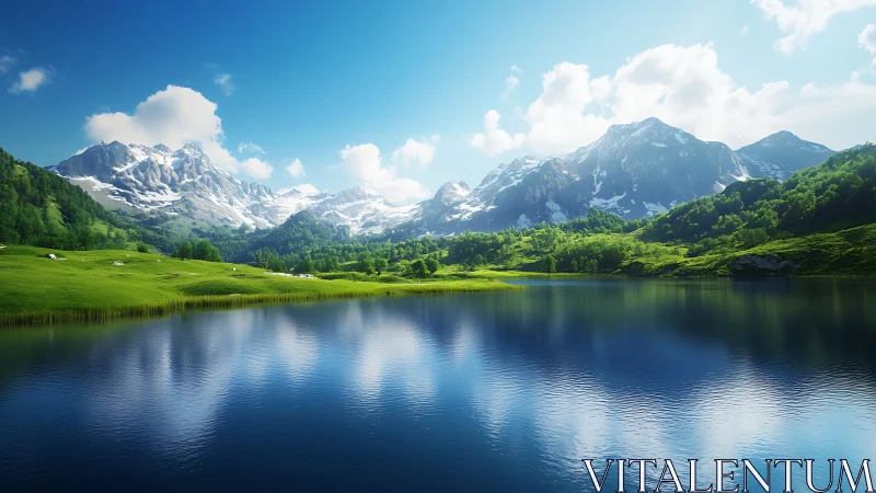 Photoreal alpine lake panorama with mirrored snow peaks.