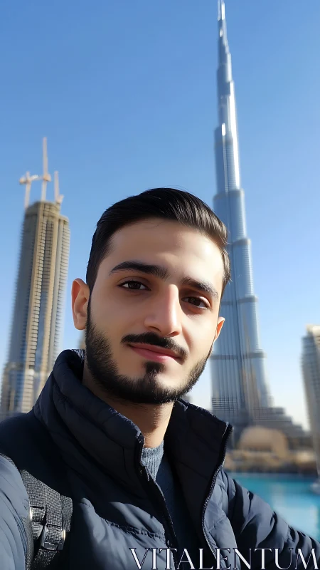 Smiling traveler enjoying bright city skyline view day.