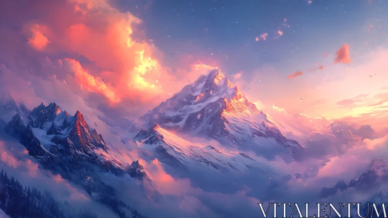 Dawnfire crowns a dreamlike snow mountain above rose clouds.