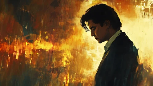 Man in suit against warm abstract painted background.