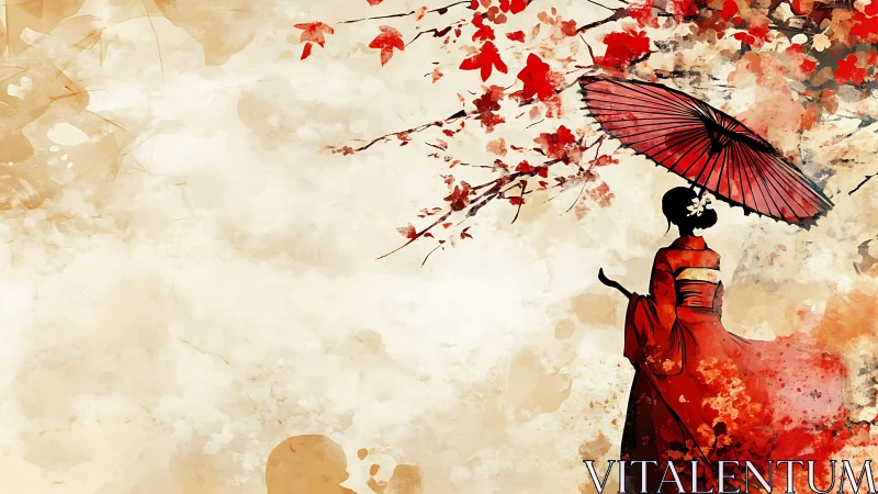 Woman in red kimono with umbrella under autumn leaves.