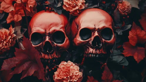 Chromatic dual crania embedded in dense floral occlusion.