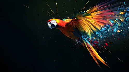 Colorful flying parrot with exploding abstract paint trail.