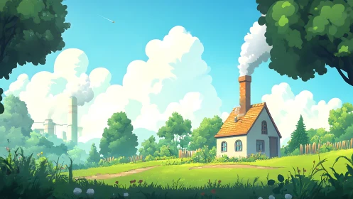 Idyllic cottage landscape with distant industrial smokestacks
