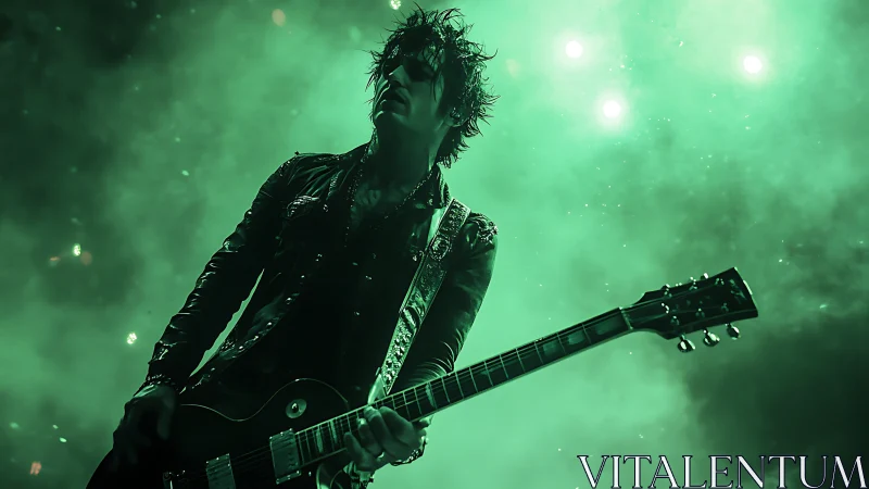 Rock guitarist dominates green backlit concert stage