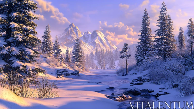 Soft winter sunrise over peaceful snowy mountain valley.