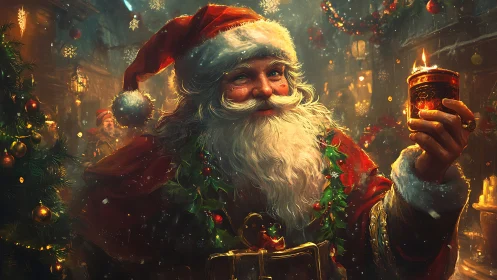 Santa holding candle in warm festive Christmas scene.