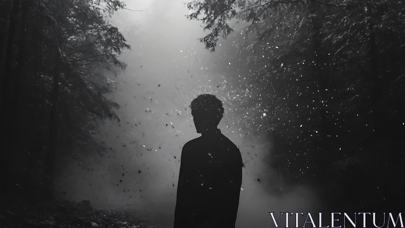 Mysterious forest wanderer pauses amid drifting silver dust