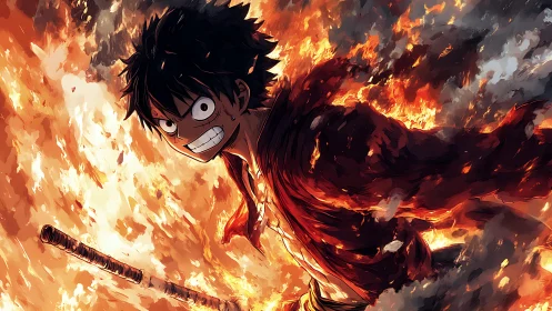Fiery anime swordsman in dynamic flame engulfed battlefield