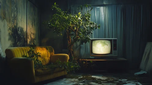 Post-human lounge with overgrown sofa and luminous CRT display.