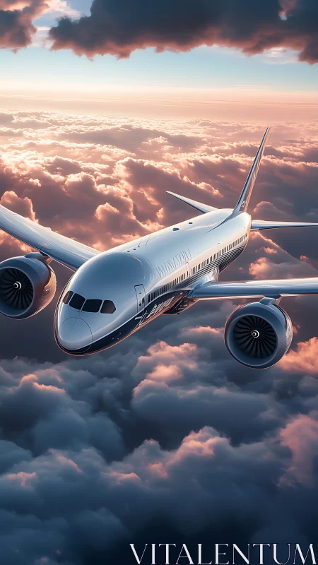 Photorealistic widebody airliner above sunset cloud deck.