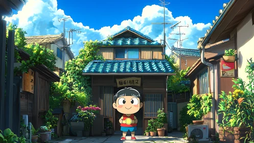 Cheerful child in sunlit anime-style Japanese alleyway.