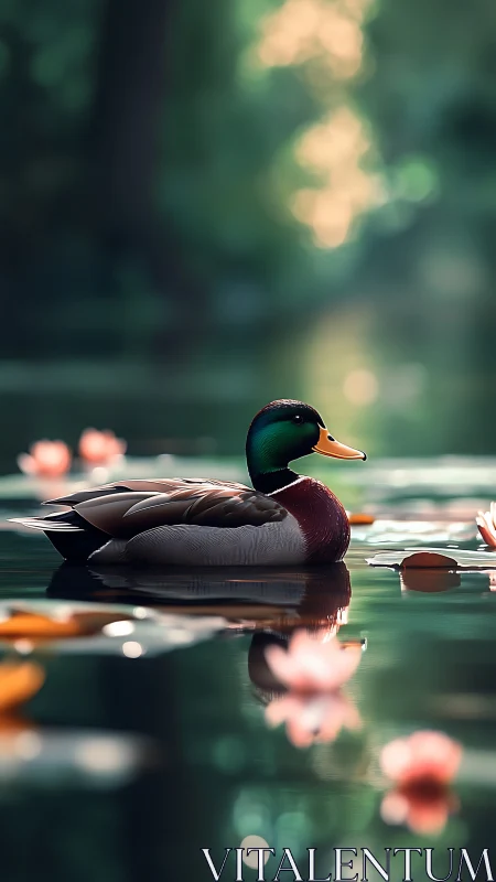 Serene mallard drifts through sunlit pond of soft lilies