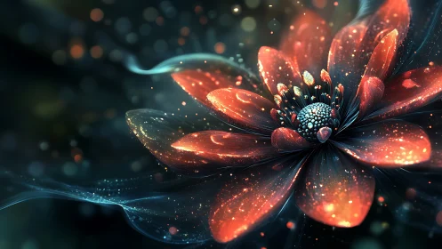 Digital macro render depicts luminous abstract flower structure