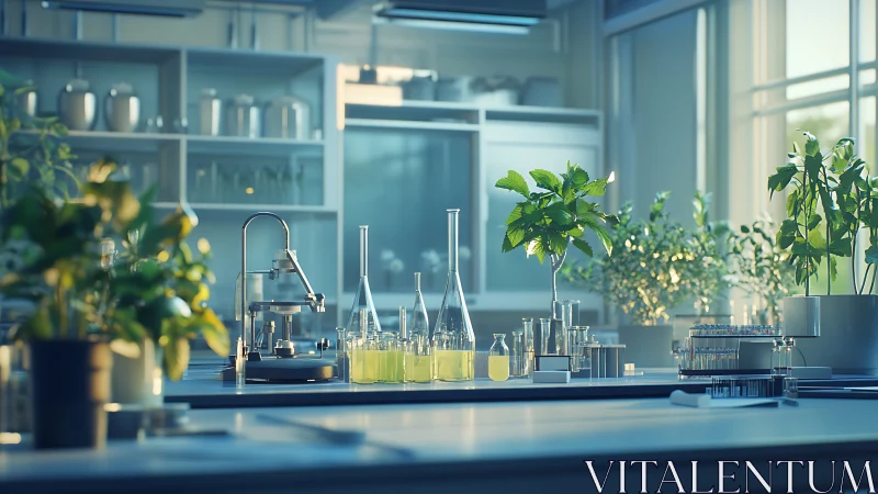 Sunlit biolab blends fresh green plants with glass research tools