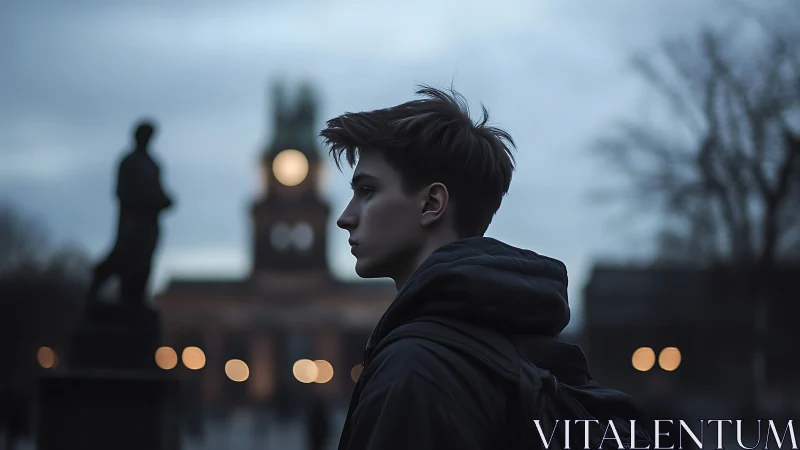 Side-profile portrait in blue-hour cityscape with soft bokeh