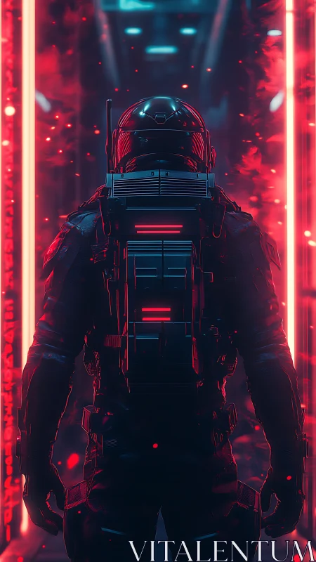 Lone space explorer steps into a glowing red corridor