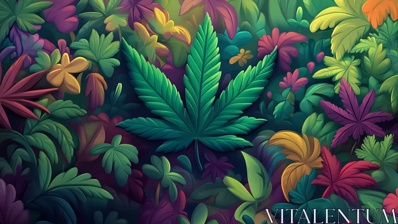 Cannabis leaf motif in neon-toned jungle foliage illustration.