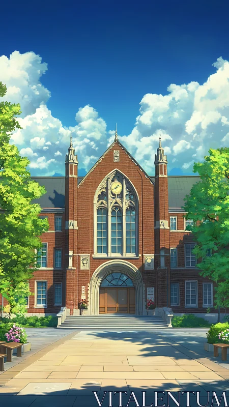 Sunlit brick campus hall stands beneath towering clouds