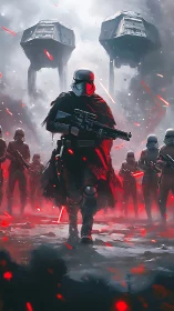 Armored sci fi commander advances through red lit battlefield haze