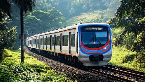 Morning jungle train weaving through bright green hills.