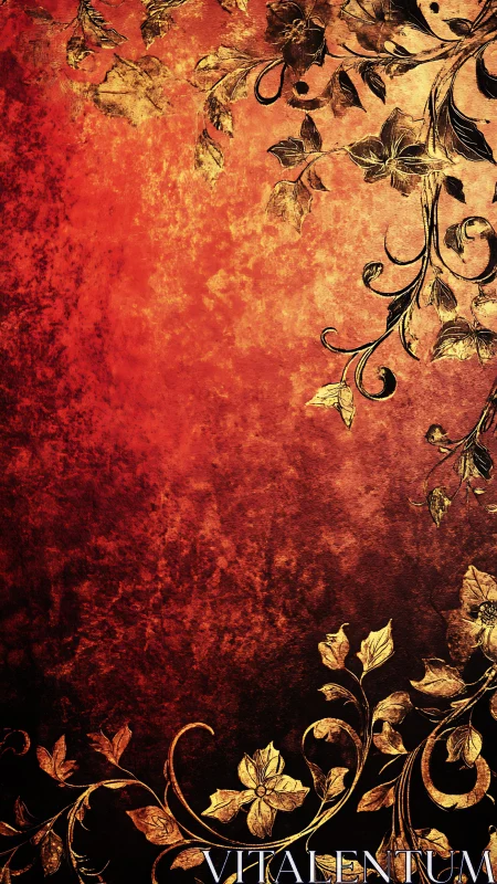 Golden floral swirls on rich red textured background.