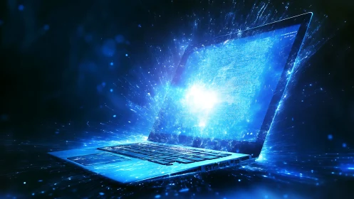 Luminous laptop explodes with electric blue digital energy