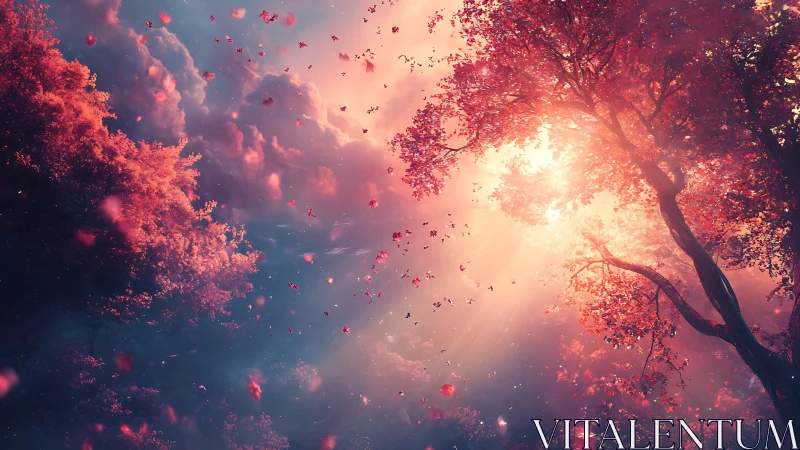 Radiant volumetric light piercing a crimson autumn canopy