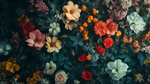 Abundant Floral Garden Overhead: Vibrant Blooms in Moody Darkness