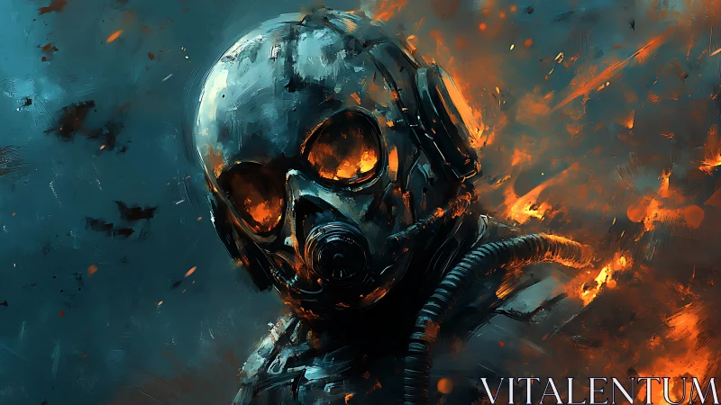 Digital painting of infernal gas mask soldier in molten light.