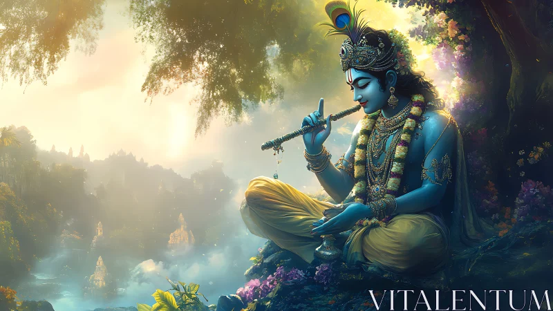 Blue divine flutist serenades a mist-veiled enchanted valley.