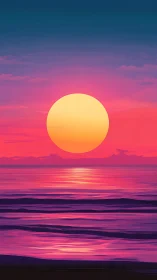 Neon sun descending over stylized violet ocean horizon.