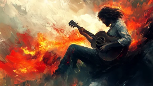 Guitarist sits amid swirling flames in dynamic digital painting