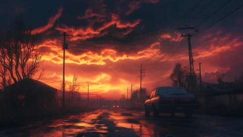 Sedan on wet rural road under vivid red storm clouds at dusk.