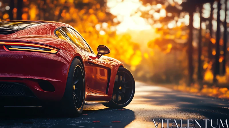 Crimson coupe hums through molten-gold autumn daylight