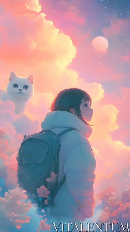Girl with backpack and white cat in pastel cloudscape.